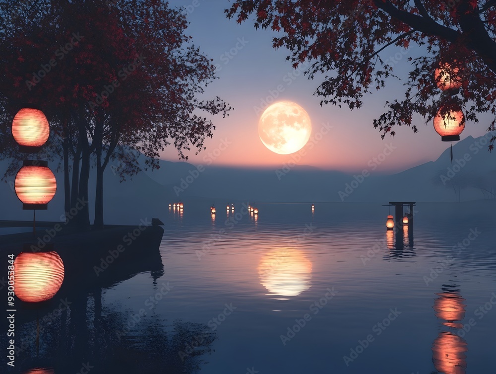 Aufkleber glowing lanterns float on the calm surface of a serene lake their soft light reflected in the water 