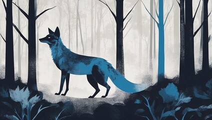 A minimal and strange illustration of a spectral fox prowling through a forest, with a color scheme of deep blacks, grays, and blues, using risograph