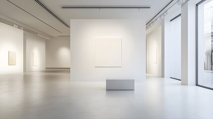 Obraz premium Contemporary art gallery with a stark white wall as the focal point, focused spotlighting highlighting a minimalist piece, clean and expansive space, serene and introspective mood