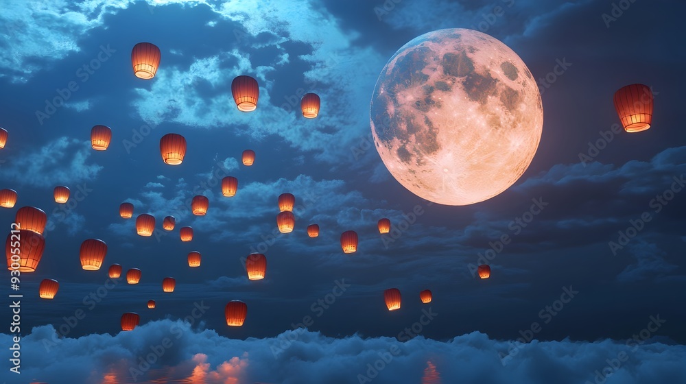 Aufkleber enchanting 3d rendering of glowing lanterns floating gracefully in a tranquil moonlit sky during the