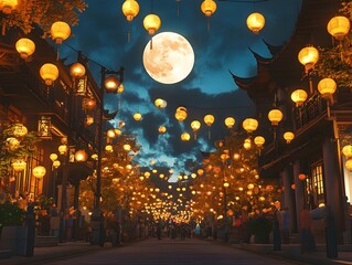 Obraz premium Colorful lanterns lining the streets and illuminating the vibrant night sky during a festive Mid Autumn Festival with a full moon and a crowd of people