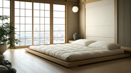 A minimalist Japanese-style bed with a futon mattress, set in a serene, Zen-inspired room.