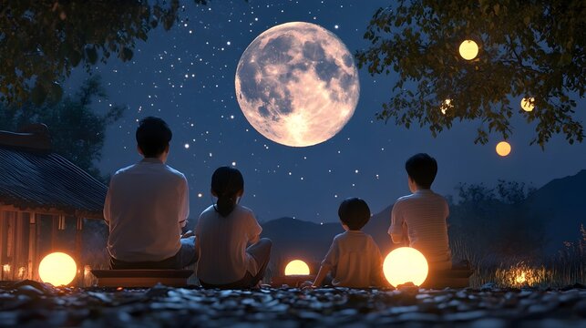 A 3D rendered scene of a family gathered outdoors under the serene moonlit sky sharing stories and enjoying the warm atmosphere during the traditional Mid Autumn Festival