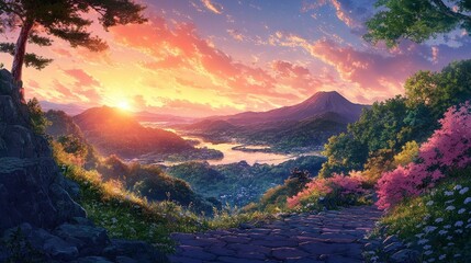 Japanese Anime-Inspired Aesthetic Nature Landscape in HD - Serene Scenery with Vibrant Colors and Detailed Artwork
