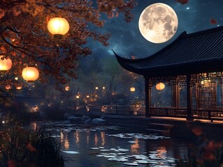 Obraz premium Enchanting Traditional Chinese Garden Scene with Lanterns and Full Moon Illuminating a Peaceful Autumn Night of Mid Autumn Festival