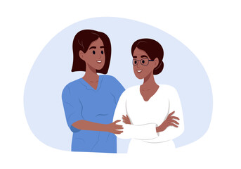 Nurse hold her senior patient's hand. Doctor helping old patient with Alzheimer's disease. Disability, rehabilitation or healing.