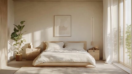 A minimalist Nordic-style bedroom with light wood accents and a neutral color palette.