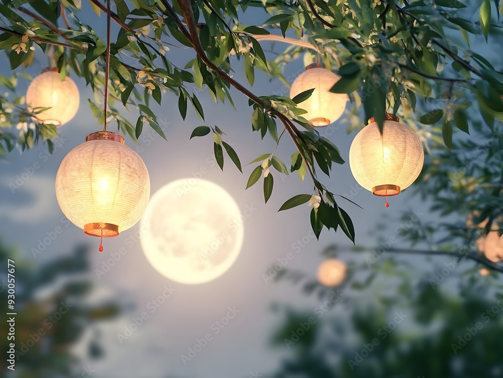 Poster softly glowing lanterns gently hanging from tree branches in a serene garden setting under the full 