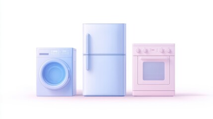 A blue and white washing machine sits next to a refrigerator and oven