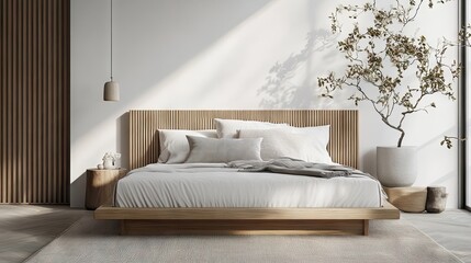 A Nordic-style bed with a focus on clean lines and natural materials, perfect for a modern, minimalist bedroom.