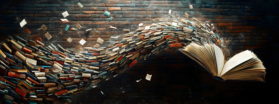 An enchanting scene of an open book releasing a cascade of colorful books, symbolizing knowledge and imagination.