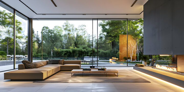 Modern Living Room with Fireplace and Large Windows 3D Illustration