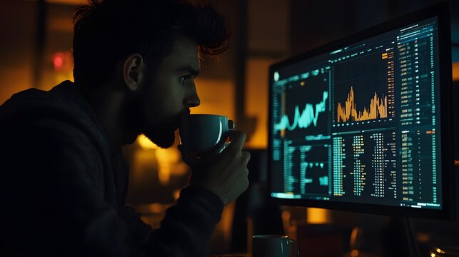 Individual holding a cup of coffee, staring at a computer screen filled with financial graphs and figures, dim room with a glowing monitor, tense and worried expression, introspective and serious