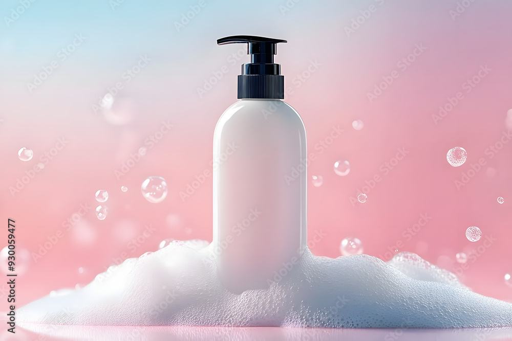 Wall mural Shampoo bottle with soapy bubbles. Plastic white packing with black cap beauty skincare cosmetic packaging mockup