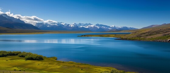  A large body of water is enclosed by a lush, green field, and beyond lies a mountain range with snow-capped peaks