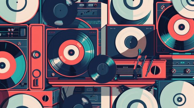 View of a vintage vinyl record collection flat design front view music enthusiast theme animation Monochromatic Color Scheme