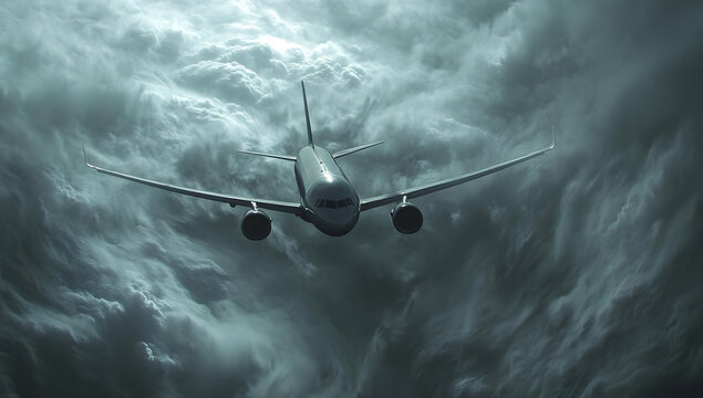 A dramatic image of an airplane flying through dark storm clouds, symbolizing adventure and the challenges of air travel.