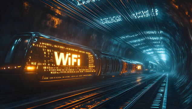 A futuristic train illuminated with WiFi signals travels through a neon-lit tunnel, symbolizing technology and connectivity.