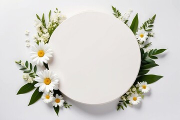 Fototapeta premium White Round Platform Surrounded by Daisies and Greenery