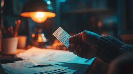 A hand clutching a lottery ticket with a soft-focus light from a desk lamp, background blurred with dark, moody tones of an office at night, tense and contemplative atmosphere,
