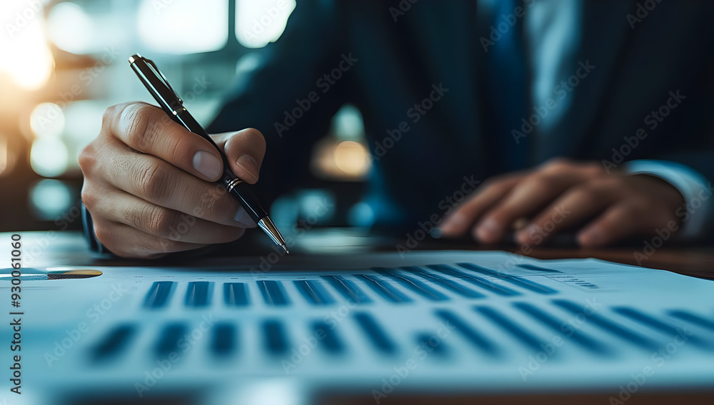 Poster a professional business setting with a person analyzing data and taking notes on a financial report.