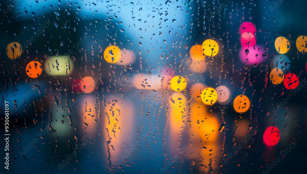 Aufkleber a rainy day scene with colorful bokeh lights blurred through a wet window, creating a moody urban at