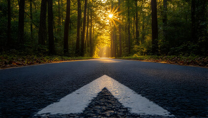 Obraz premium A serene forest road illuminated by the golden sunlight, creating a tranquil atmosphere perfect for nature enthusiasts.