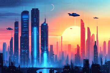 Futuristic city skyline with glowing neon skyscrapers and flying vehicles against a vivid sunset sky