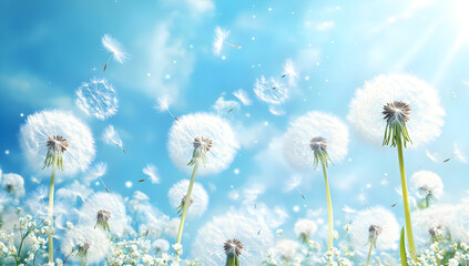 Obraz premium A serene view of dandelion flowers dancing in the breeze under a bright blue sky, evoking peace and natural beauty.
