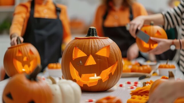 Guests carving pumpkins at a Halloween birthday party, Halloween Birthday, interactive fun