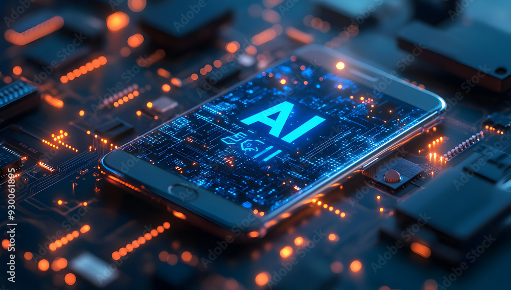 Poster a smartphone displaying ai technology on a circuit board, highlighting innovation in electronics and