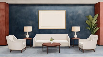 Modern living room interior featuring a sofa, chairs, lamps, and a decorative plant against a stylish blue wall.