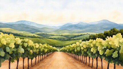 A serene watercolor landscape of vineyards stretching across rolling hills under a soft, cloudy sky, perfect for nature lovers.
