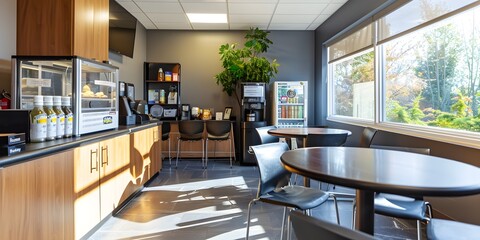 Modern Office Break Room with Coffee Machine, Snacks, and Comfortable Seating  A Cozy and Well-Organized Space for Employee Relaxation and Refreshments