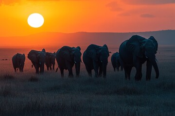 Silhouettes of an elephant herd walking across a grassy plain at dusk, with a large setting sun in the background