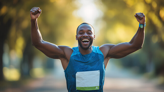Victory Lap: A triumphant Black male runner throws his fists in the air, a radiant smile capturing the pure joy of crossing the finish line.  