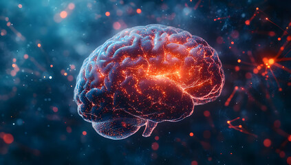 Fototapeta premium A vibrant illustration of a human brain, showcasing neural connections and glowing activity in a colorful, abstract background.