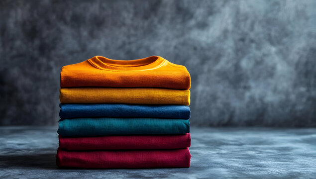 A vibrant stack of modern t-shirts in various colors against a textured background, showcasing style and comfort for fashion.