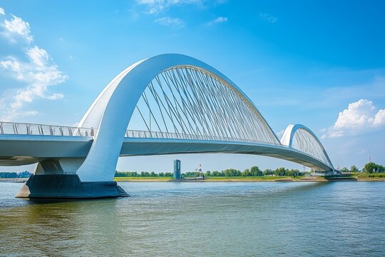 Sleek white arch bridge with cable supports spanning a wide river on a sunny day
