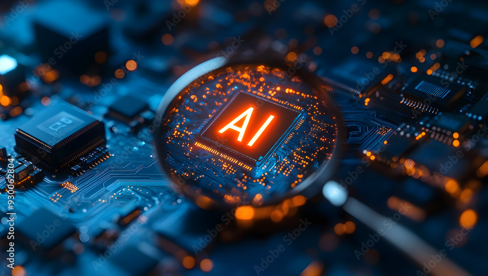 Poster close-up of a microchip with illuminated ai text, showcasing technology and innovation in artificial
