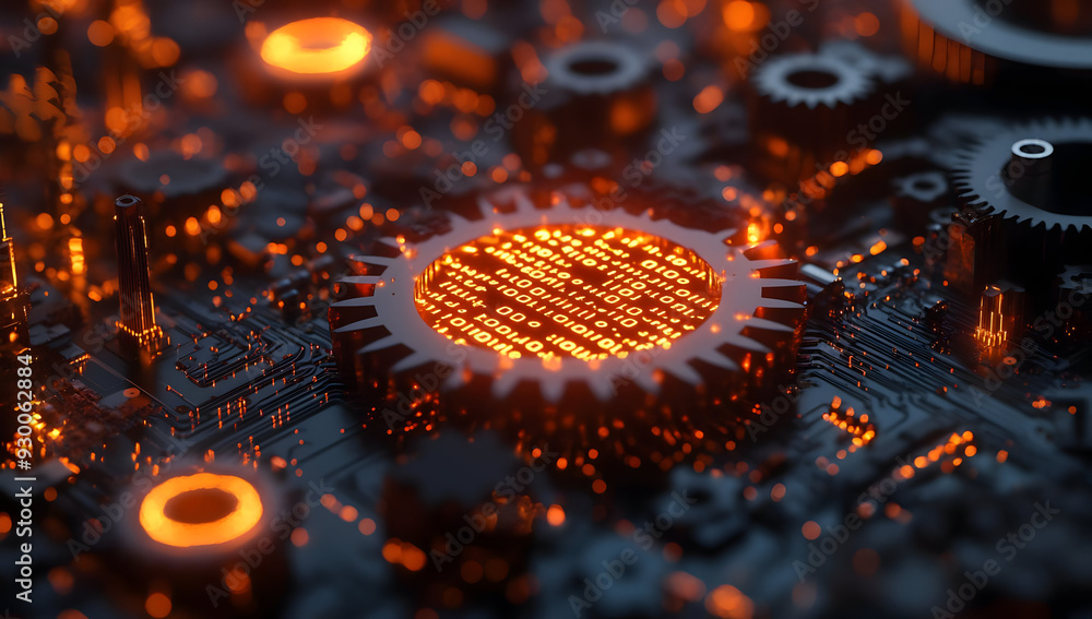 Poster close-up view of an intricate circuit board with glowing orange elements, showcasing technology and 