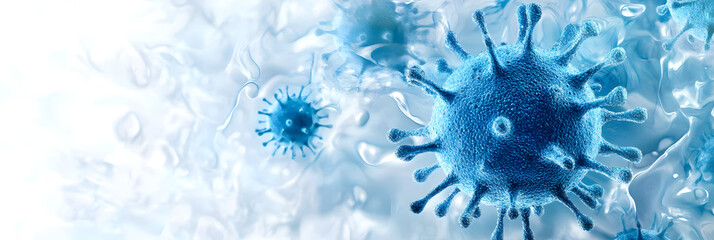Close-up of blue virus and bacteria on a soft background, representing health, science, and microbiology.