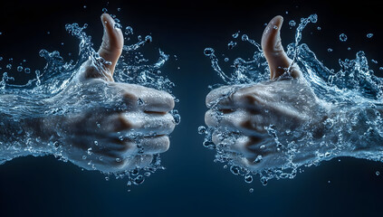 Fototapeta premium Dynamic thumbs up gesture with splashing water, symbolizing positivity, approval, and celebration in a creative visual format.