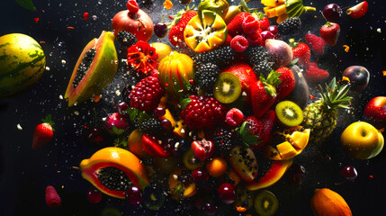 Colorful fruit salad with a variety of exotic fruits and berries, including apples, oranges, kiwi, pineapple, papaya, raspberries, mangoes and strawberries. A fruit explosion on a black background