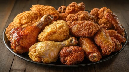 A platter of assorted fried chicken, including drumsticks, wings, and thighs.