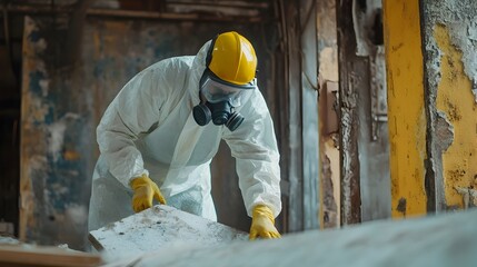 Asbestos Removal Specialist Carefully Dismantling Hazardous Materials from Old Building