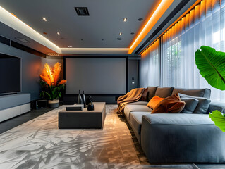 Modern Living Room Interior Design with Grey Sofa and Orange Throw Pillows - Photo