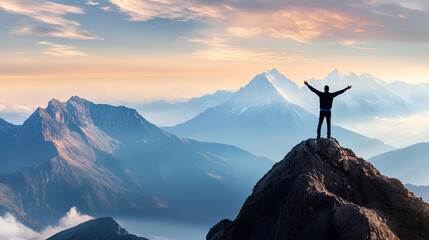 Conquering the Summit: A lone figure stands triumphantly atop a majestic mountain peak, arms outstretched, embracing the breathtaking panorama of snow-capped peaks and misty valleys.  The golden hour 