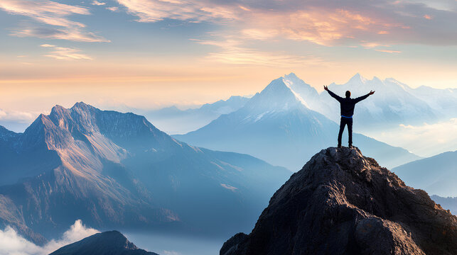 Conquering the Summit: A lone figure stands triumphantly atop a majestic mountain peak, arms outstretched, embracing the breathtaking panorama of snow-capped peaks and misty valleys.  The golden hour  - Powered by Adobe