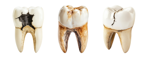 A visual representation of dental decay stages on human teeth, highlighting the importance of oral hygiene.